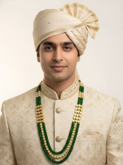 Triple Layered Semi Precious Green Jade And Pearl Beaded Necklace For Men - Sherwani Mala