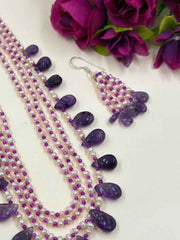 Designer Amethyst Carved Drops And Freshwater Pearls Beaded Necklace For Women