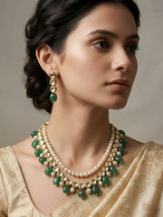 Traditional Gold Plated green stone and peral Beaded Kundan Necklace Set For Women - Ethnic Indian Jewellery Set