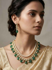 Traditional Gold Plated Beaded Kundan Necklace Set For Women - Ethnic Indian Jewellery Set