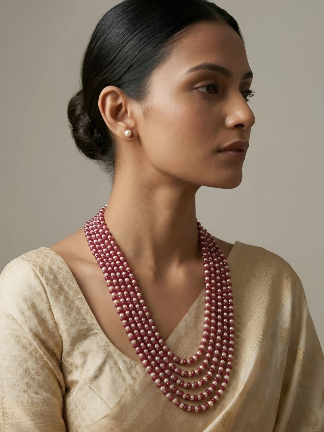 Handcrafted Red Jade and Freshwater Natural Pearls Multi-Layered Beaded Necklace For Women