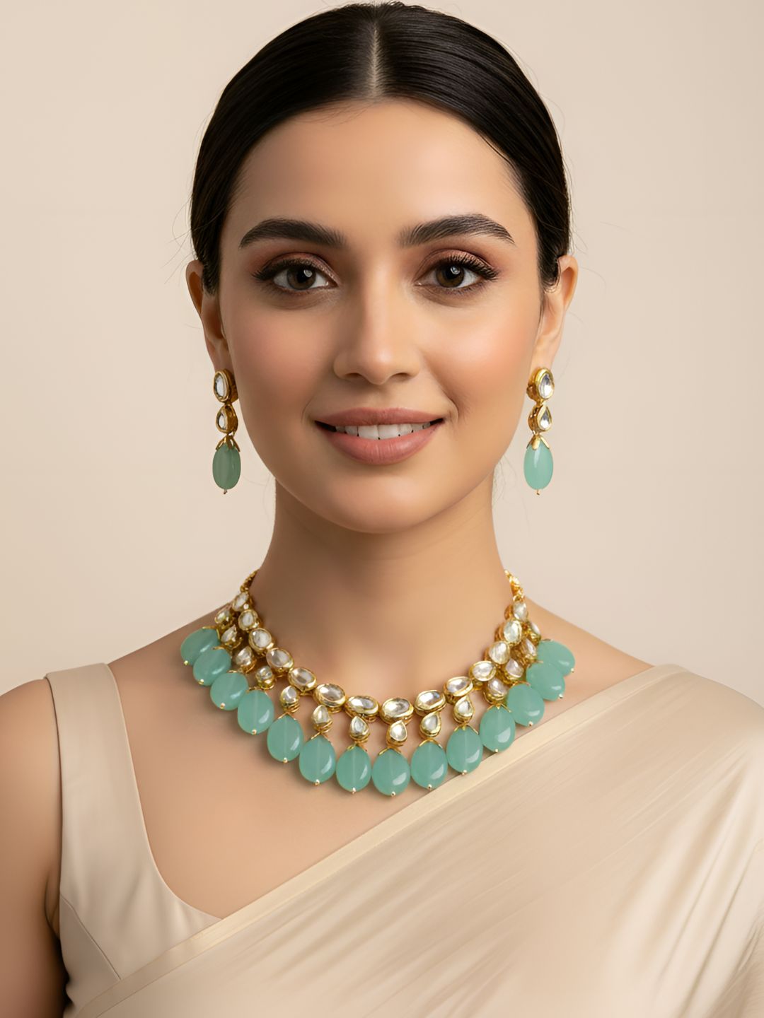 Traditional Gold Plated Kundan Necklace Set With Mint Green Stones By Gehna Shop