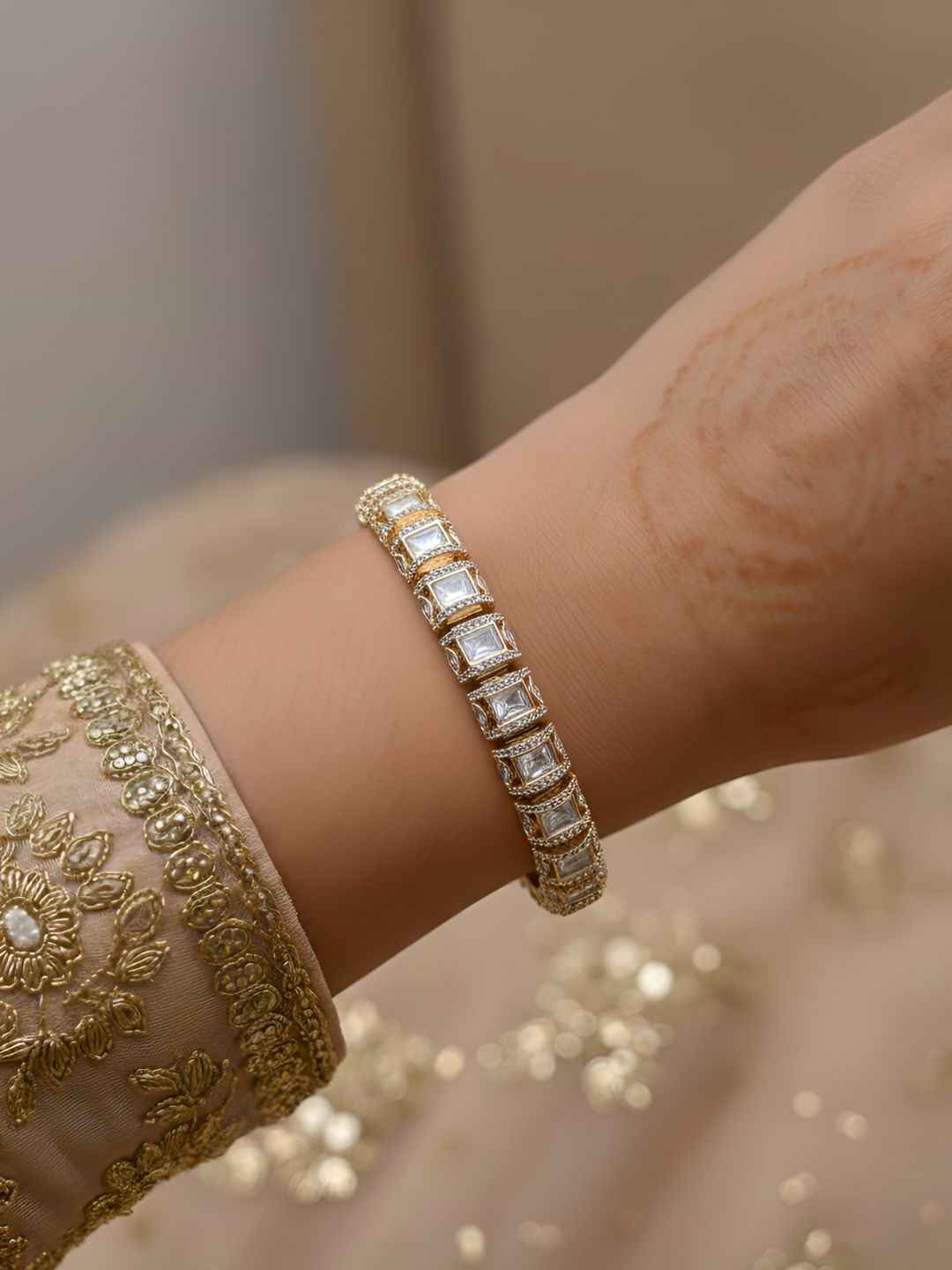 Rose Gold Plated Polki Kundna Gajra Bracalet For Women - Traditional Bracelets