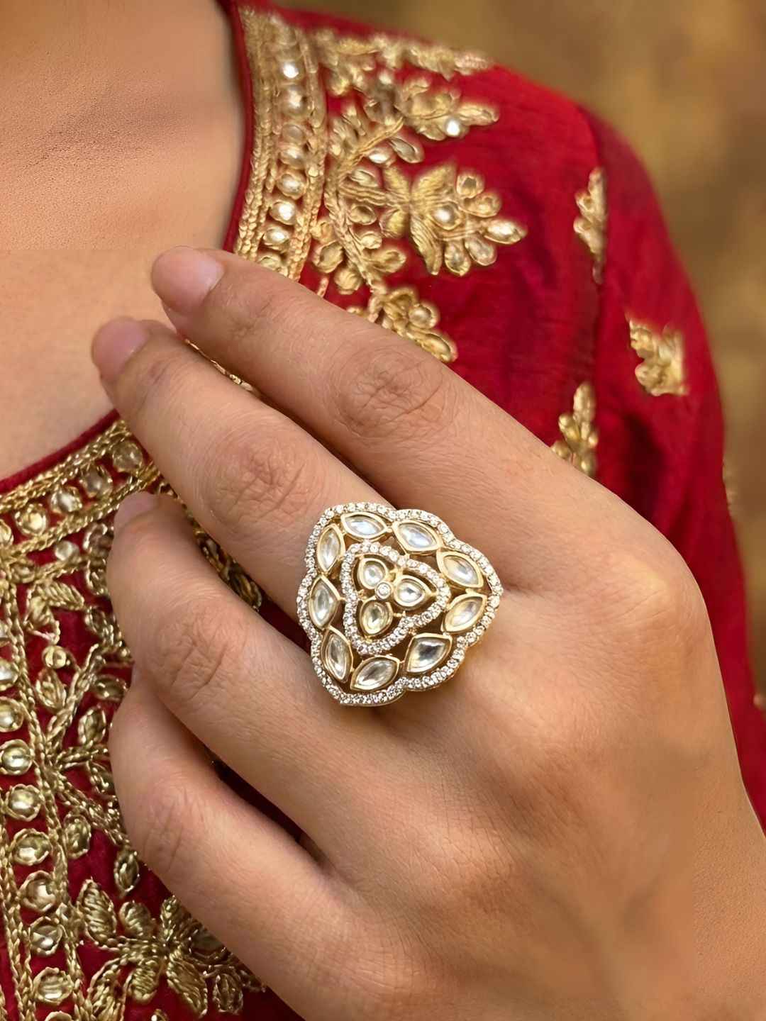 Rose Gold Plated Triangular Shape Kundan Ring For Women - Ehnic Finger Ring