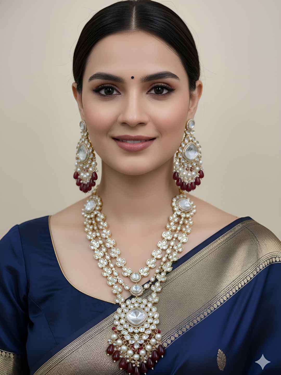 Designer Long Layered Polki Necklace Set With Pendant - Luxury Wedding Polki Jewellery Set