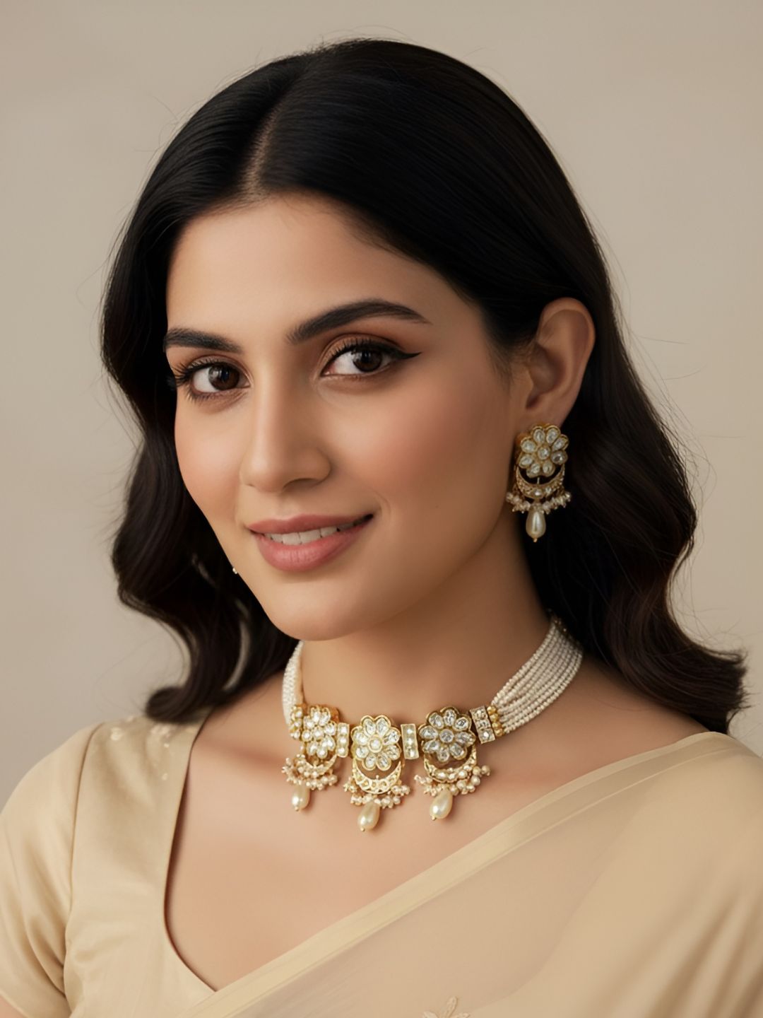 Elegant Kundan And Pearls Beaded Choker Necklace Set - Wedding And Party Wear Choker