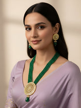 Traditional Long Kundan Pendant Necklace Set With Green Jade Beads For Women