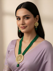Traditional Long Kundan Pendant Necklace Set With Green Jade Beads For Women