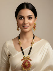 Designer Gold Plated Goddess Lakshmi Long Temple Necklace Set For Women