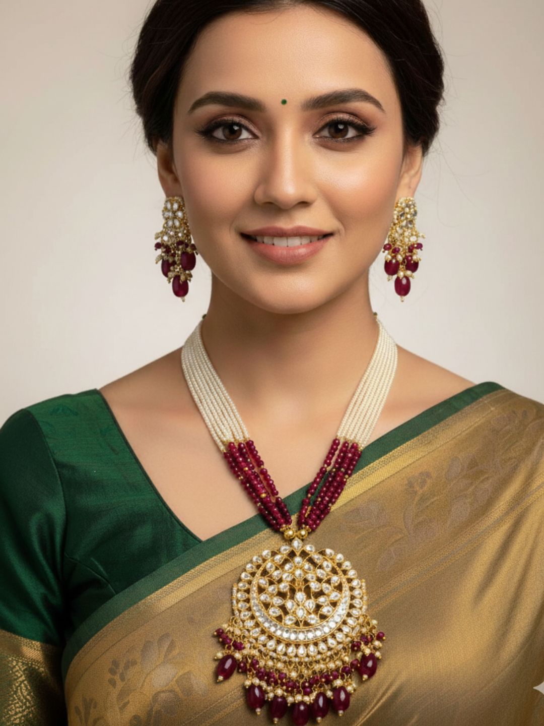 Traditional Jadau Ahmadabadi Kundan Pendant Long Necklace Set For Women
