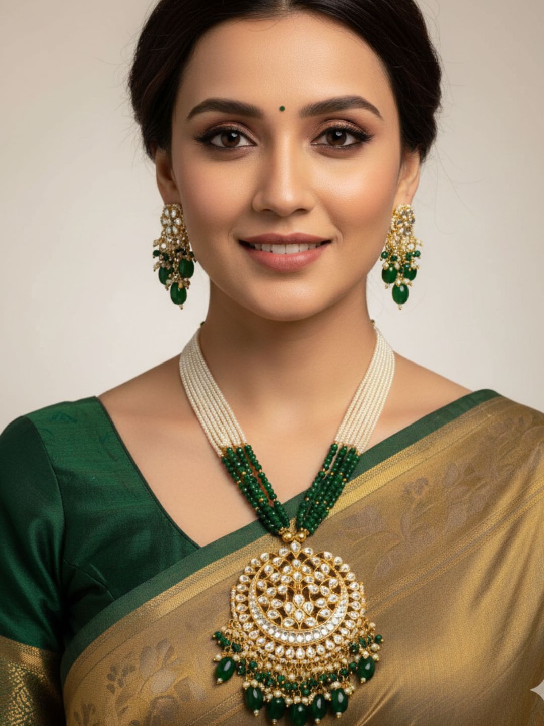 Traditional Jadau Ahmadabadi Long Green Kundan Pendant Necklace Set For Women