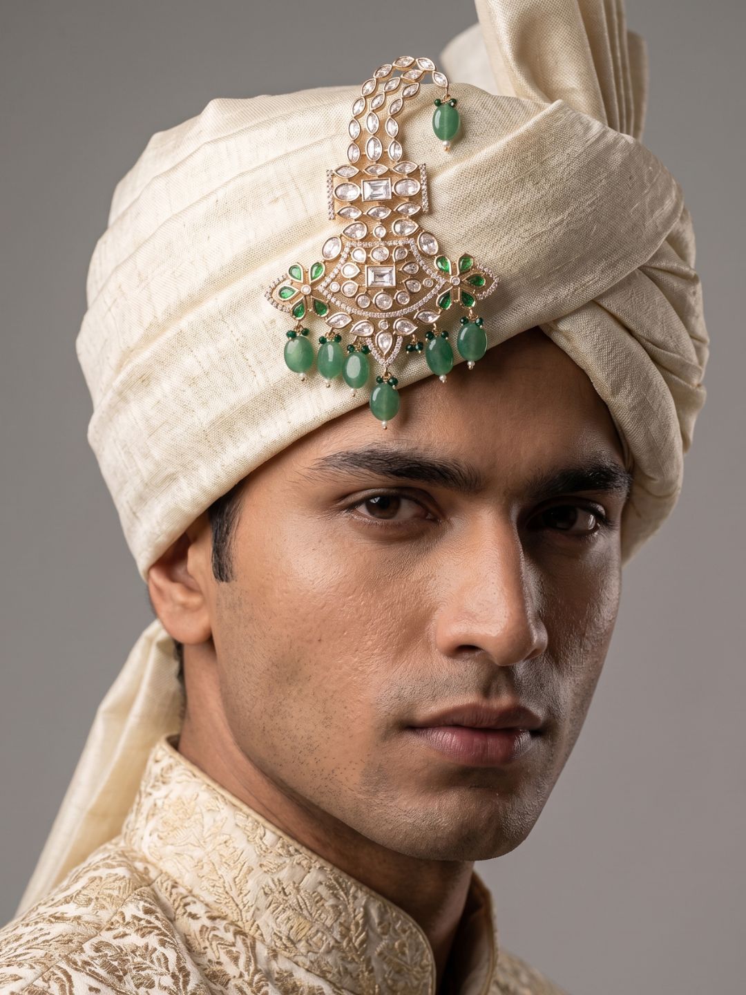 Traditional pastel green Kundan Polki Kalangi | Safa Kalgi | Turban Brooch For Men