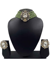 Silver Plated AD Kundan With Mint Green Beads Choker Necklace Set By Gehna Shop