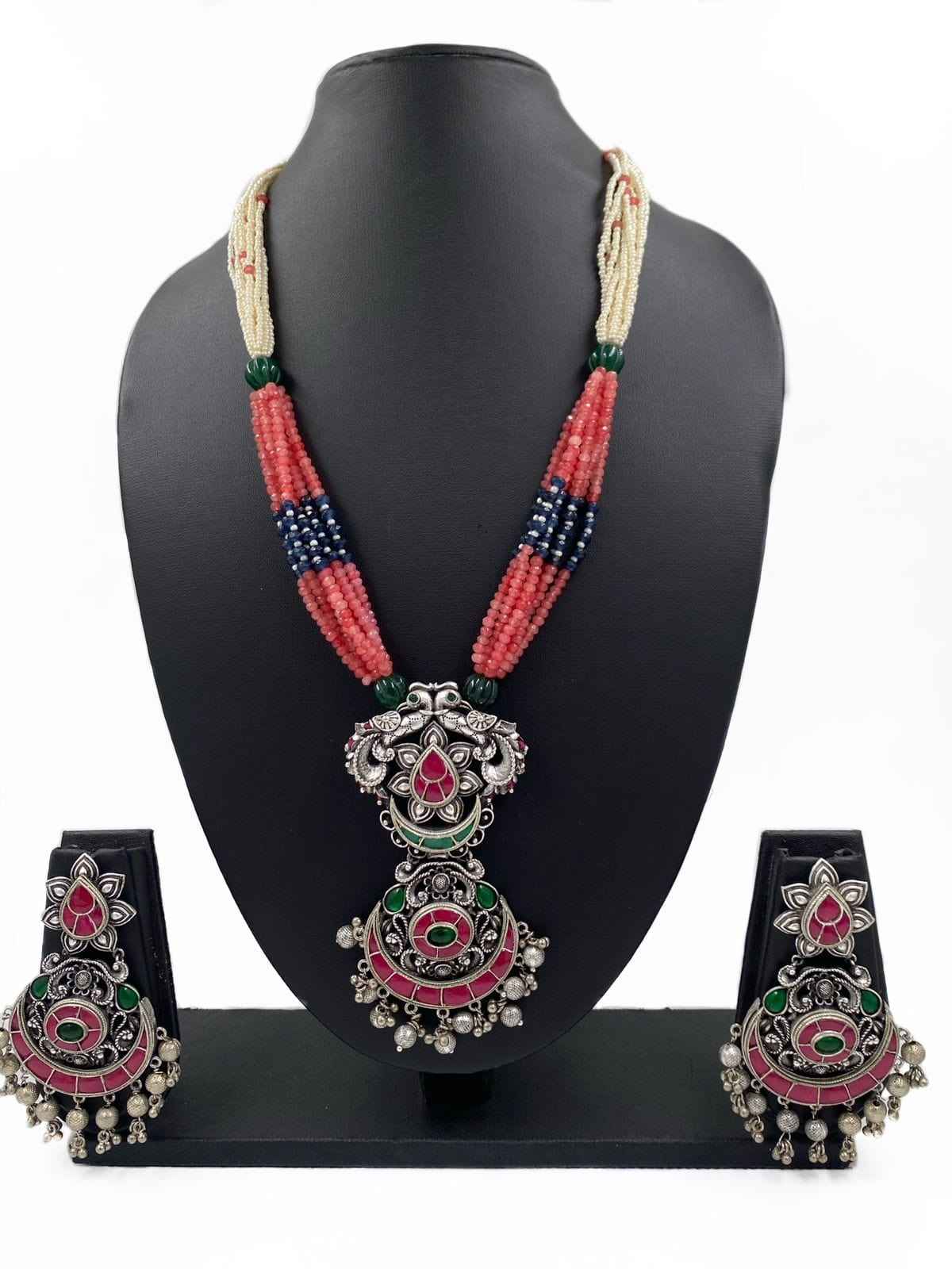 Silver Plated Studded Kemp Stones Long Nakshi Necklace Jewelry Set