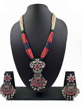 Silver Plated Studded Kemp Stones Long Nakshi Necklace Jewelry Set