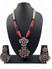 Silver Plated Studded Kemp Stones Long Nakshi Necklace Jewelry Set