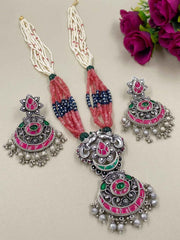 Silver Plated Studded Kemp Stones Long Nakshi Necklace Jewelry Set