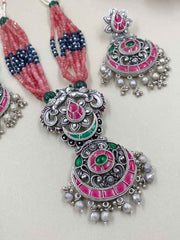 Silver Plated Studded Kemp Stones Long Nakshi Necklace Jewelry Set