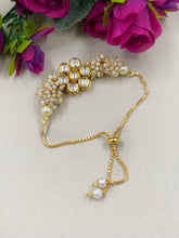 Traditional Adjustable Kundan And Pearls Chain Bracelet For Ladies