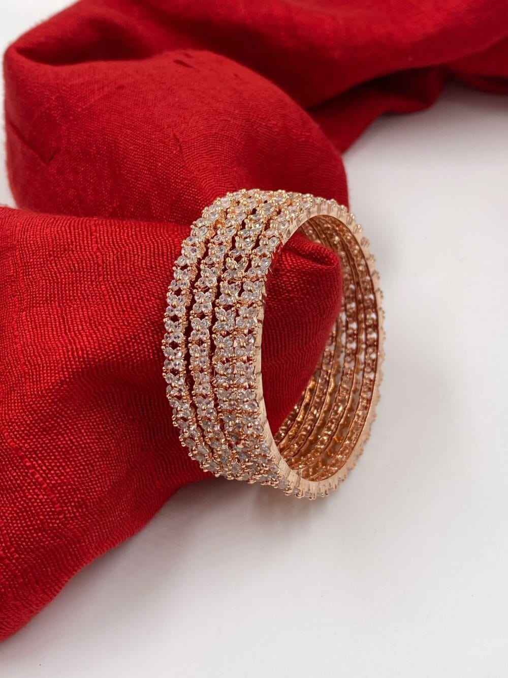 Traditional American Diamond Rose Gold Bangles For Ladies By Gehna Shop (Set of 4)