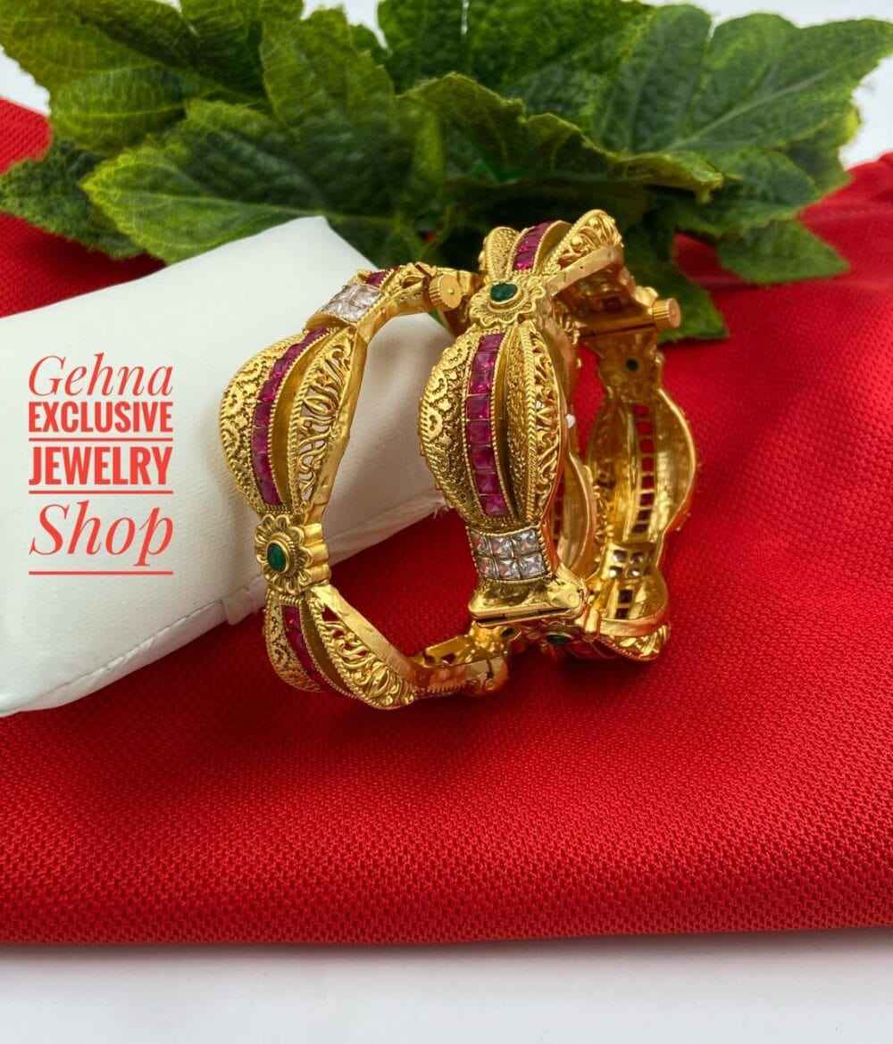 Traditional Antique Gold Plated Ruby Stone AD Bangles By Shop Gehna