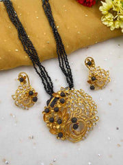Traditional Designer Gold Plated Antique Pendant With Black Beads Necklace Set For Woman