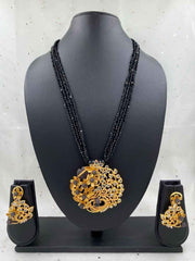 Traditional Designer Gold Plated Antique Pendant With Black Beads Necklace Set For Woman