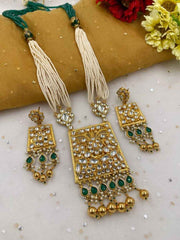 Traditional Designer Gold Plated Polki Kundan Pendant With Beads Necklace Set For Woman