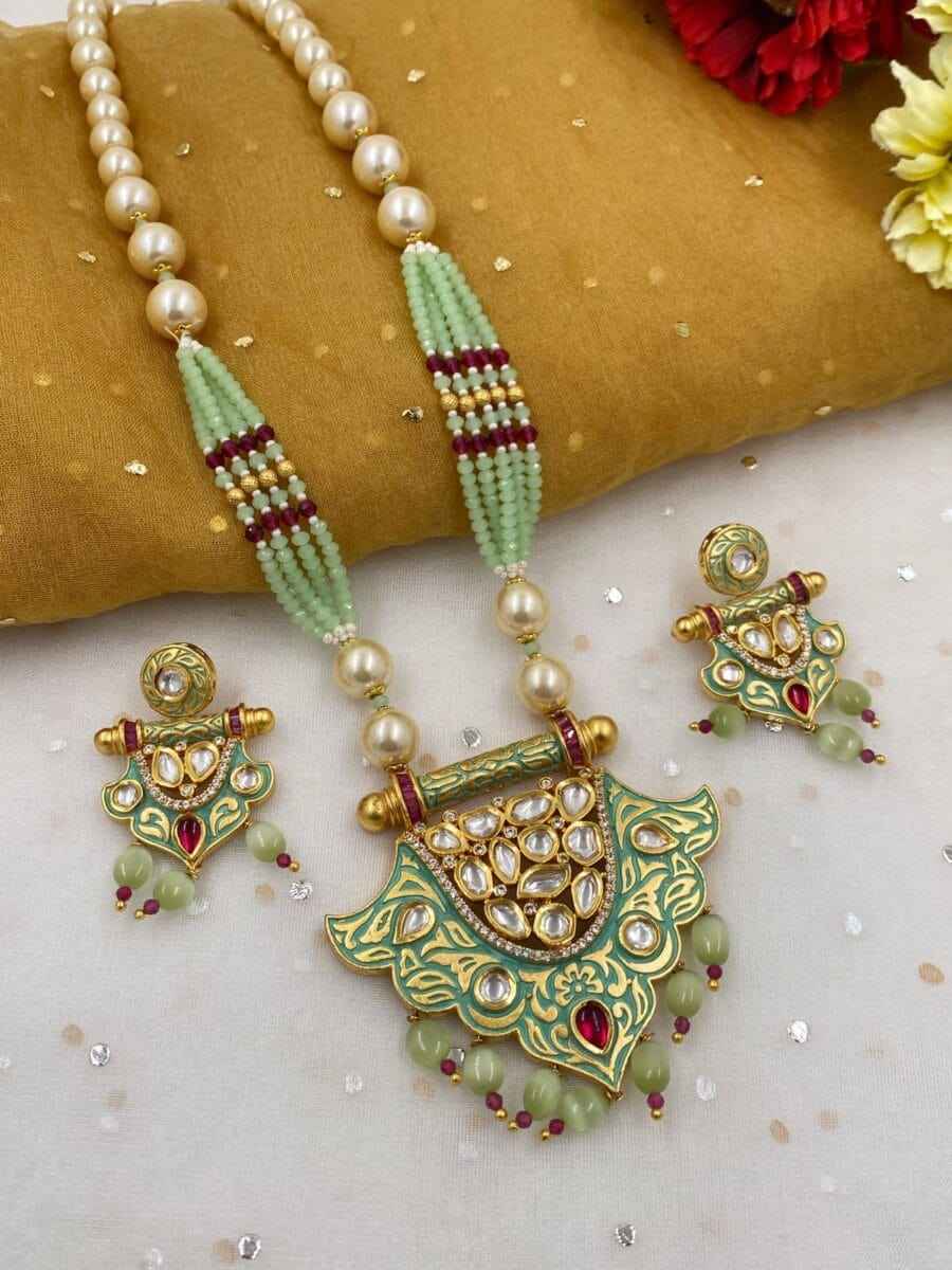 Traditional Designer Mint Color Kundan Necklace Set For Woman