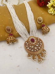 Traditional Designer Wedding Geru Polish Kundan Pendant With Pearls Necklace Set For Woman