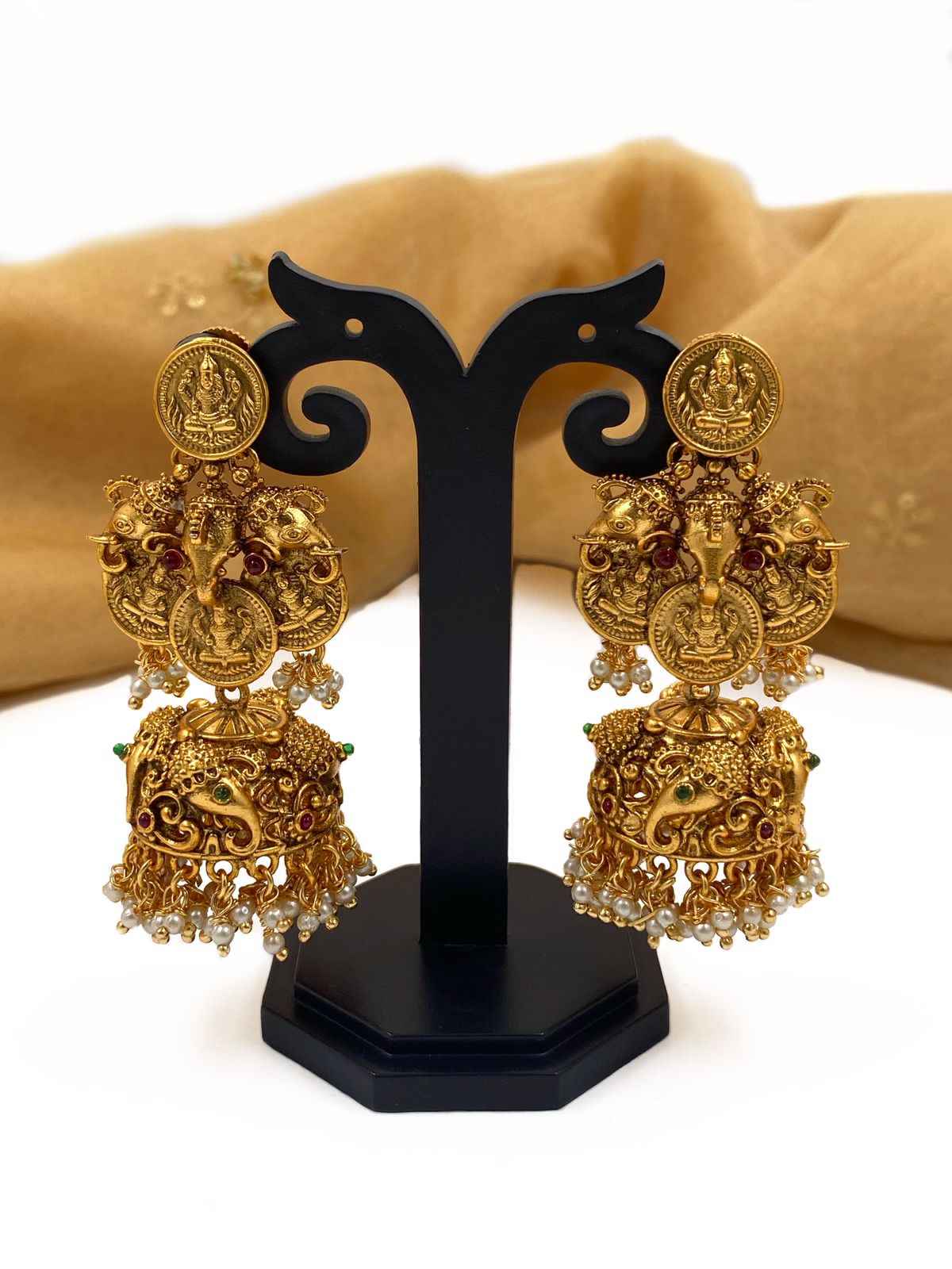 Traditional Goddess Lakshmi Devi Coin And Elephant Design Jhumka Earrings