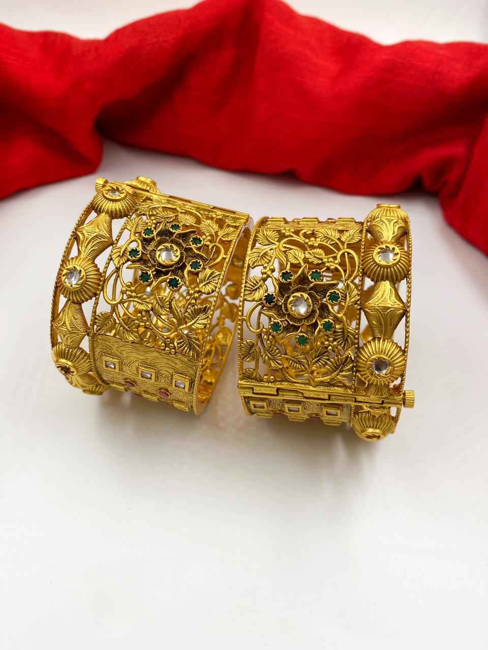 Traditional Gold Plated Antique Golden Broad Bangles Set By Gehna Shop