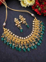Traditional Gold Plated Antique Golden Kundan Wedding Necklace Set By Gehna Shop