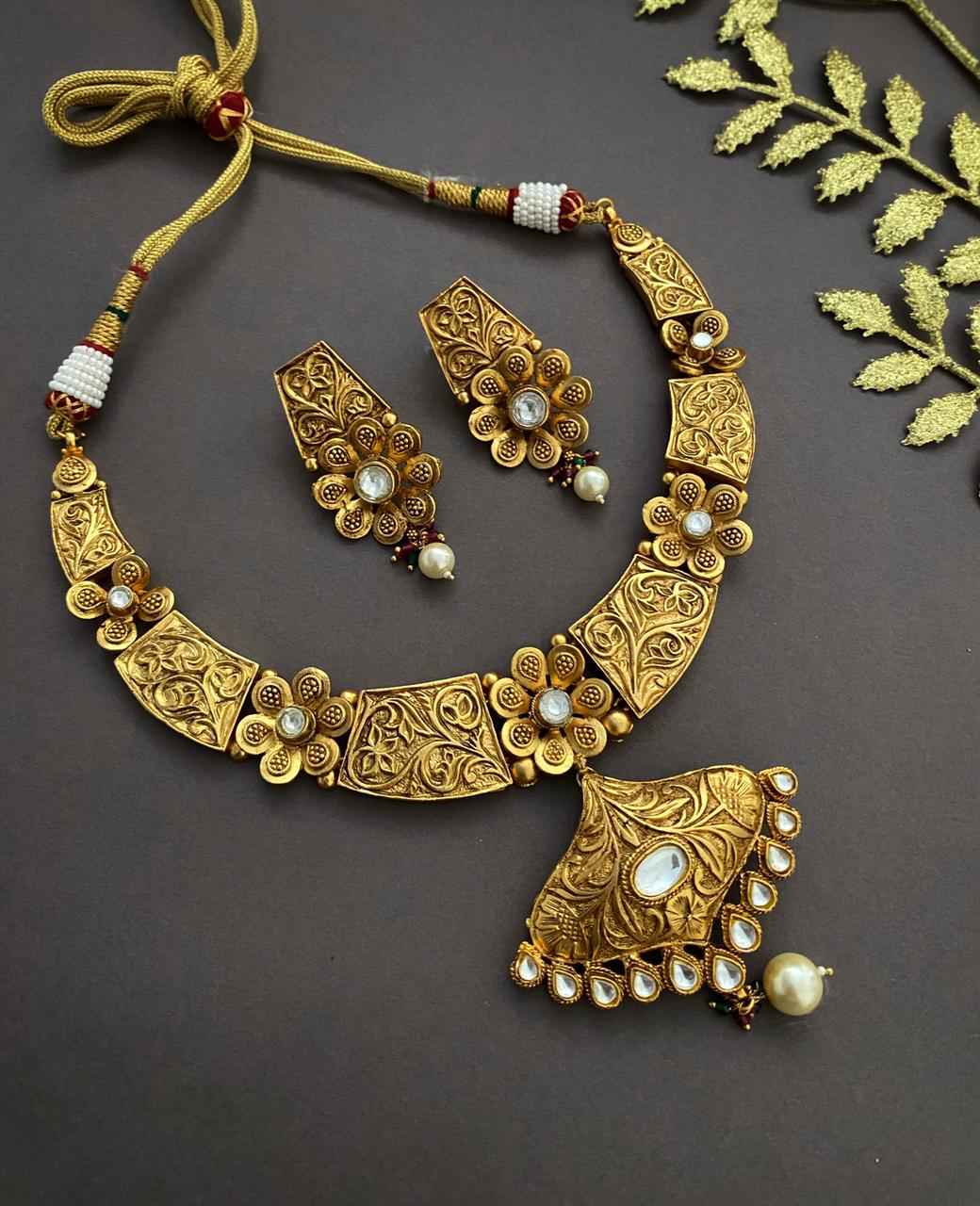 Traditional Gold Plated Bridal Antique Gold Necklace Set By Gehna Shop