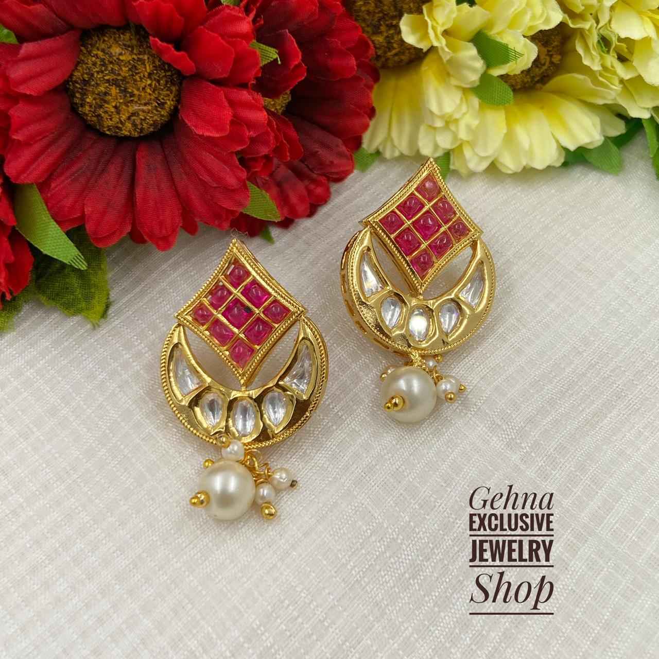 Traditional Gold Plated Designer Ruby Kundan Studs For Women