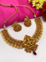 Traditional Gold Plated Goddess Lakshmi Coin Necklace Set For Ladies By Gehna Shop (Red) Temple Necklace Sets