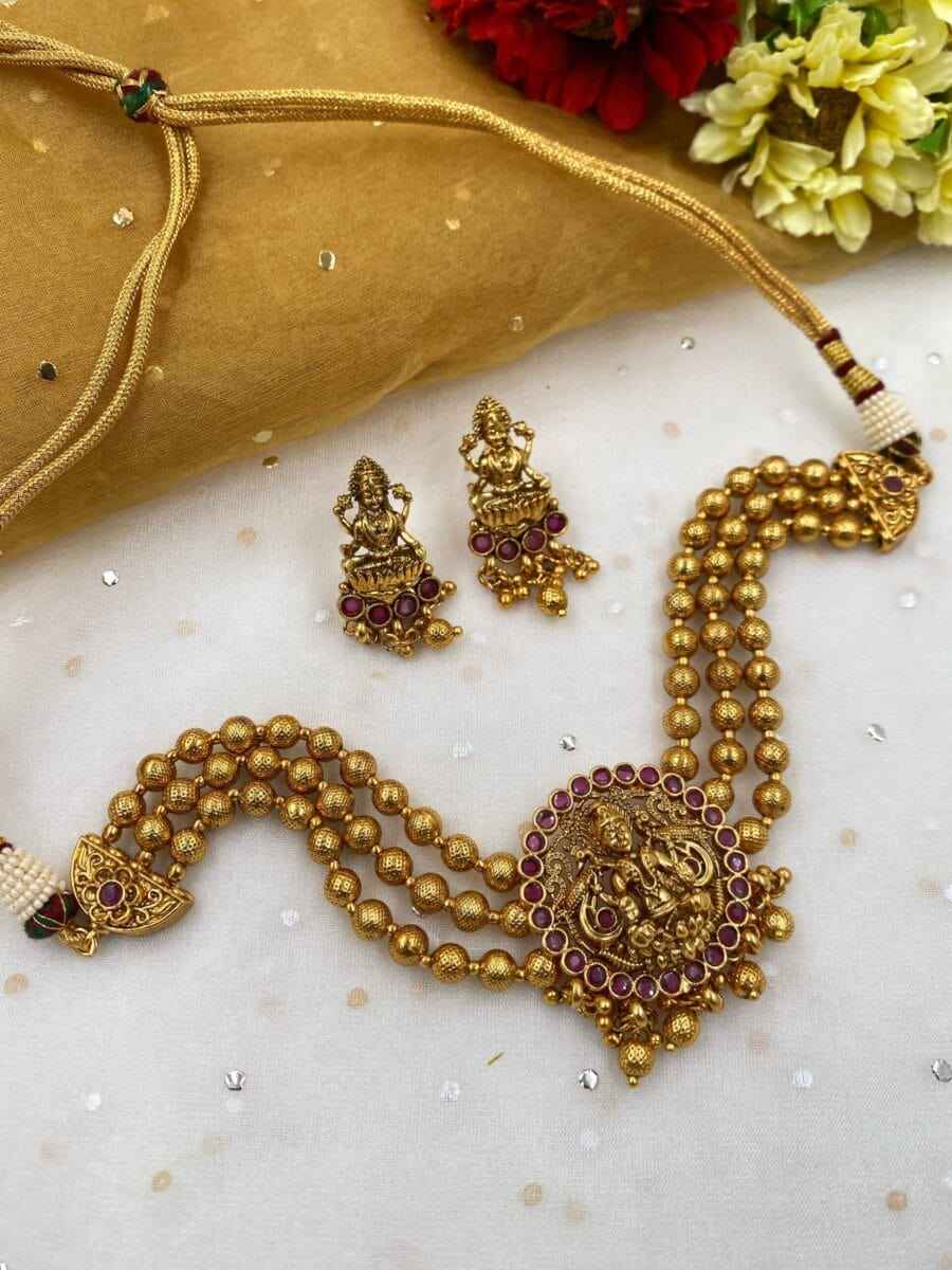 Traditional Gold Plated Goddess Lakshmi Temple Jewellery Choker Necklace Set