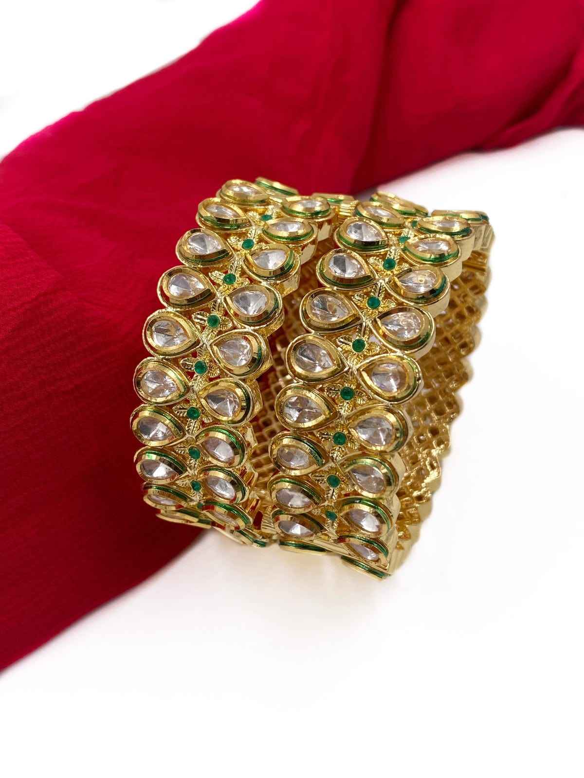 Traditional Gold Plated Green Kundan Bangle Set For Weddings