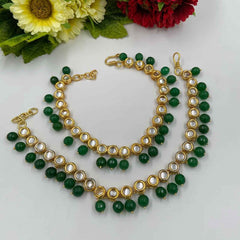 Traditional Gold Plated Handcrafted Brass Kundan Green Anklet Payals For Women