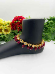 Traditional Gold Plated Handcrafted Brass Kundan Red Anklet Payals For Women