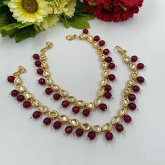 Traditional Gold Plated Handcrafted Brass Kundan Red Anklet Payals For Women