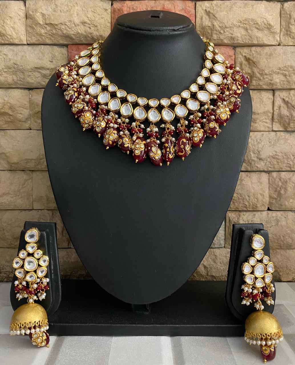 Traditional Gold Plated Kundan Necklace Set With Red Beads From Gehna Shop