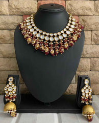 Traditional Gold Plated Kundan Necklace Set With Red Beads From Gehna Shop