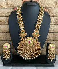 Traditional Gold Plated Long Antique Golden Wedding Necklace Set By Gehna Shop