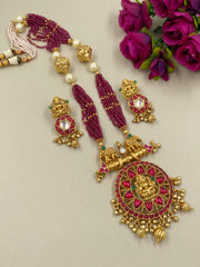 Designer Gold Plated Goddess Lakshmi Long Temple Necklace Set with ruby pink beads