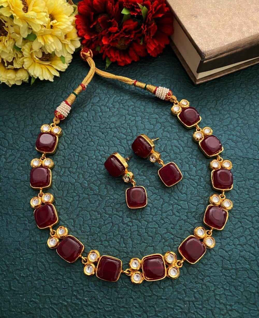 Traditional Gold Plated Red Stone And Kundan Necklace Set By Gehna Shop