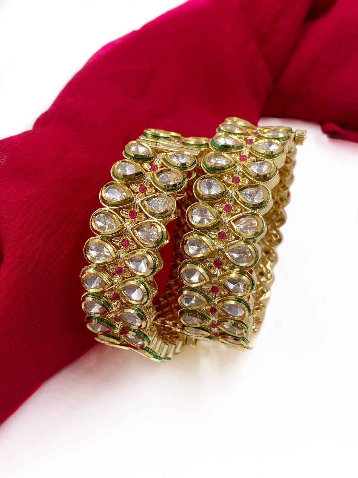 Traditional Gold Plated Ruby And Kundan Bangle Set For Weddings 2x2