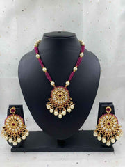 Traditional Gold Plated Ruby Kundan Pendant With Ruby Crystal Beads By Gehna Shop