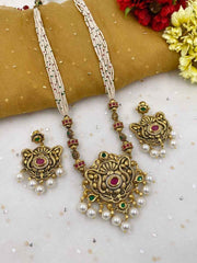 Traditional Gold Plated Wedding Antique Kundan Pendant With Pearls Necklace Set For Ladies