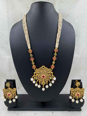 Traditional Gold Plated Wedding Antique Kundan Pendant With Pearls Necklace Set For Ladies